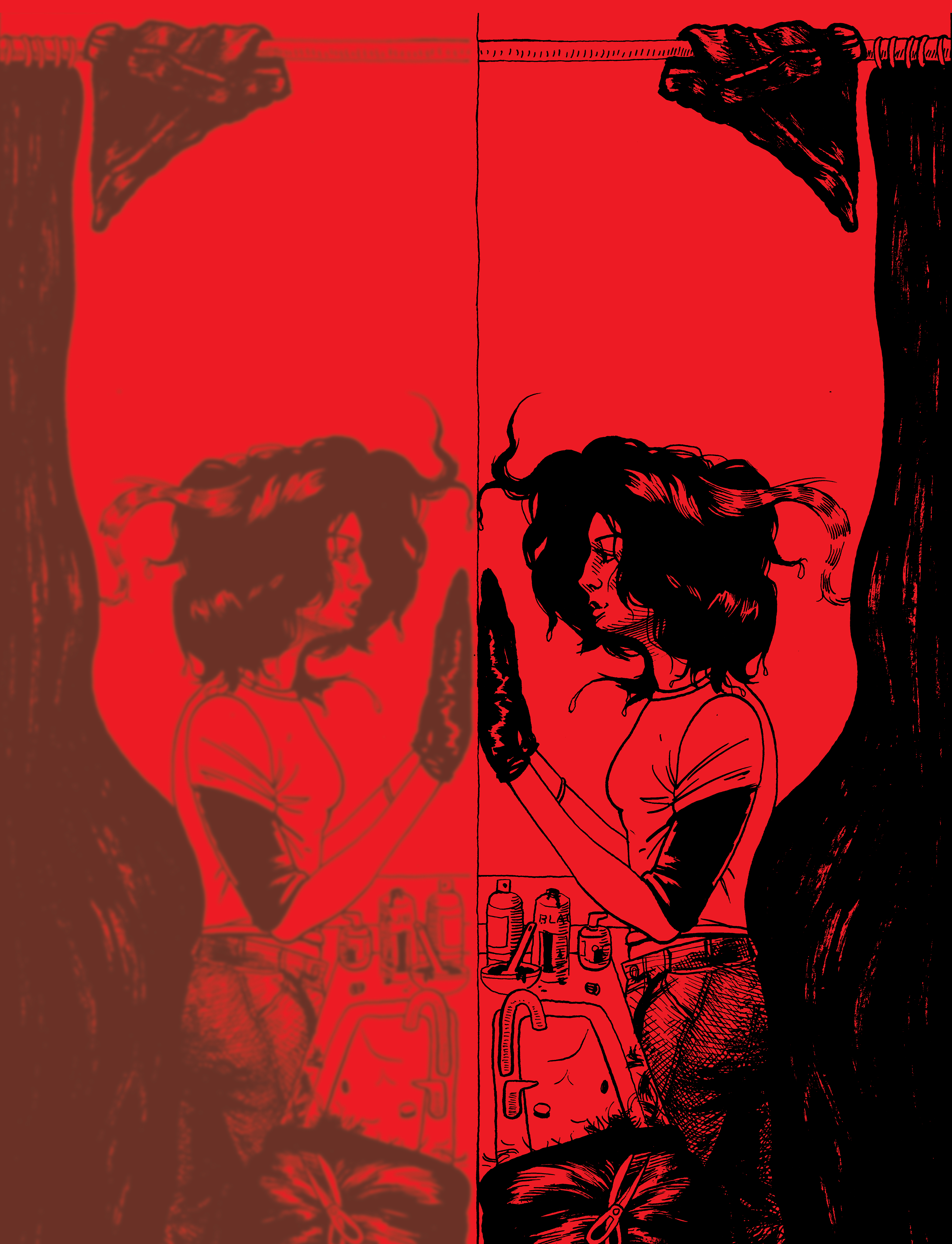 A black and red ink drawing of a woman with large, dark hair looking at her reflection in a bathroom mirror. On the sink countertop are some bottles, hair dye, a towel with a pair of scissors resting on it, and chunks of cut hair. The overall areas of light and dark in the drawing give the illusion of a front-facing skull.